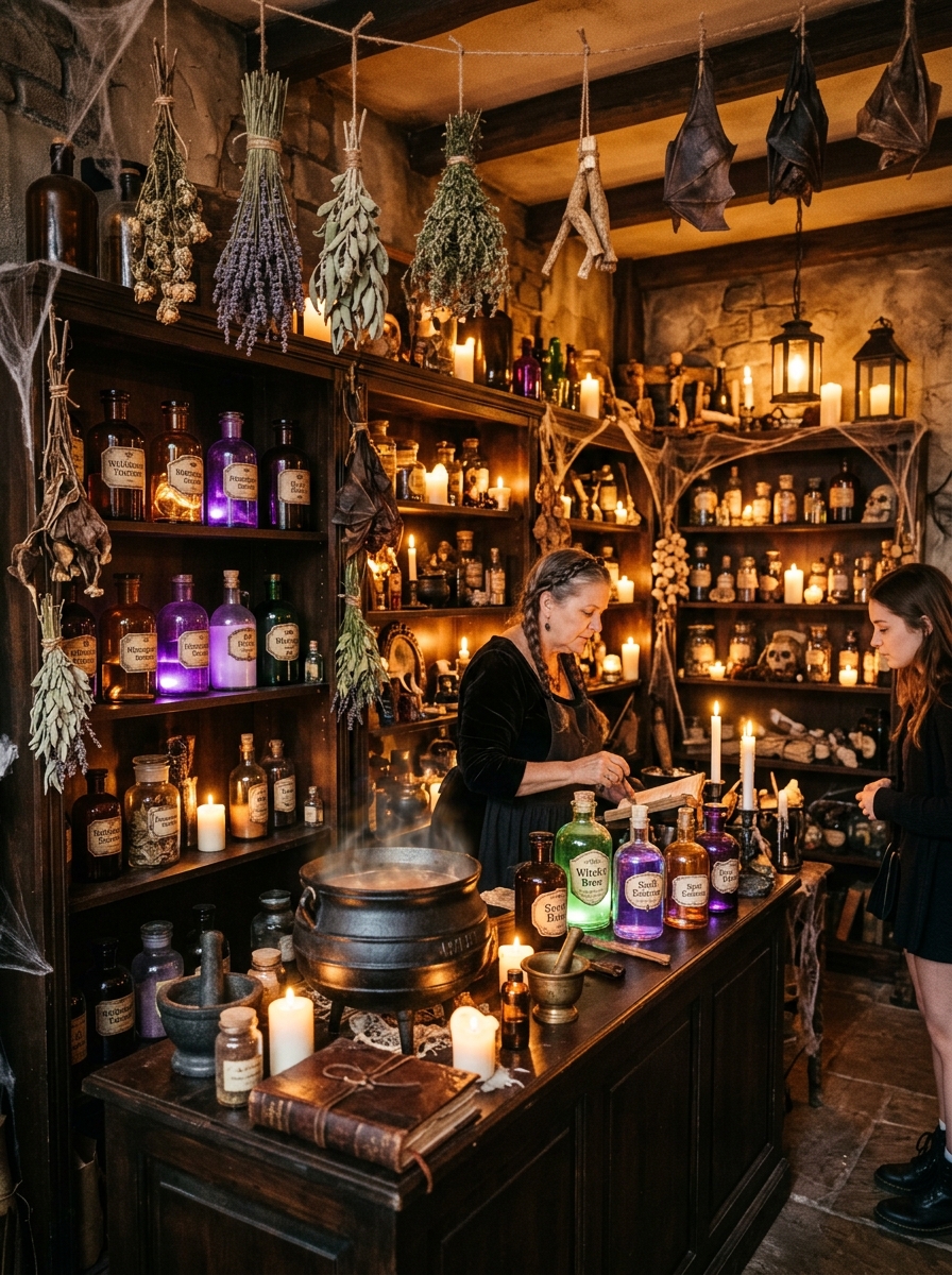Inside our mystical Halloween shop with glowing potions and enchanted artifacts