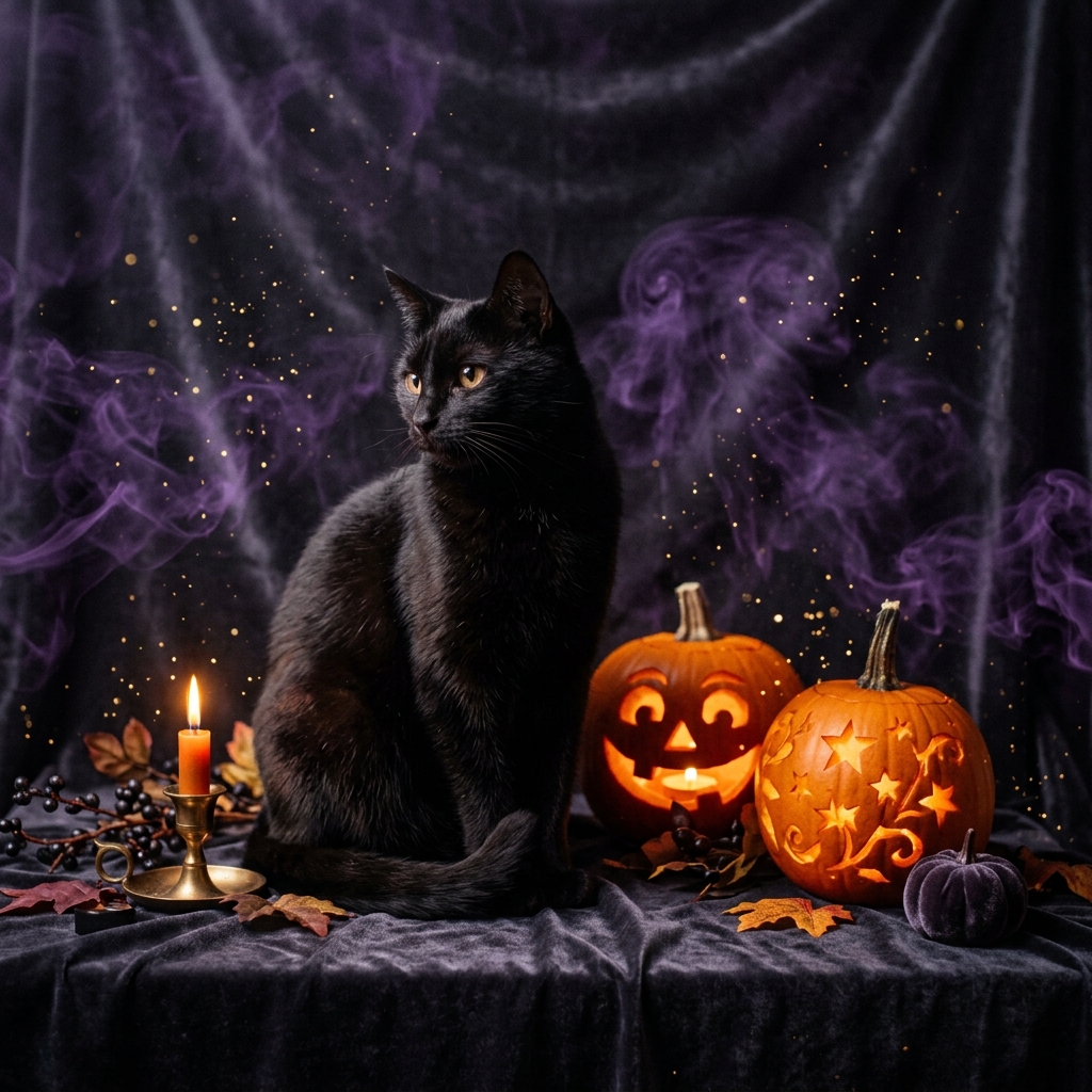 Elegant black cat beside glowing jack-o-lanterns on dark velvet backdrop