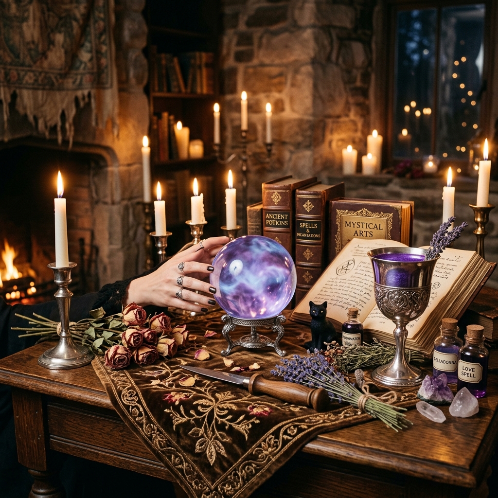 Mystical witch's table with candles, crystal ball and spell books