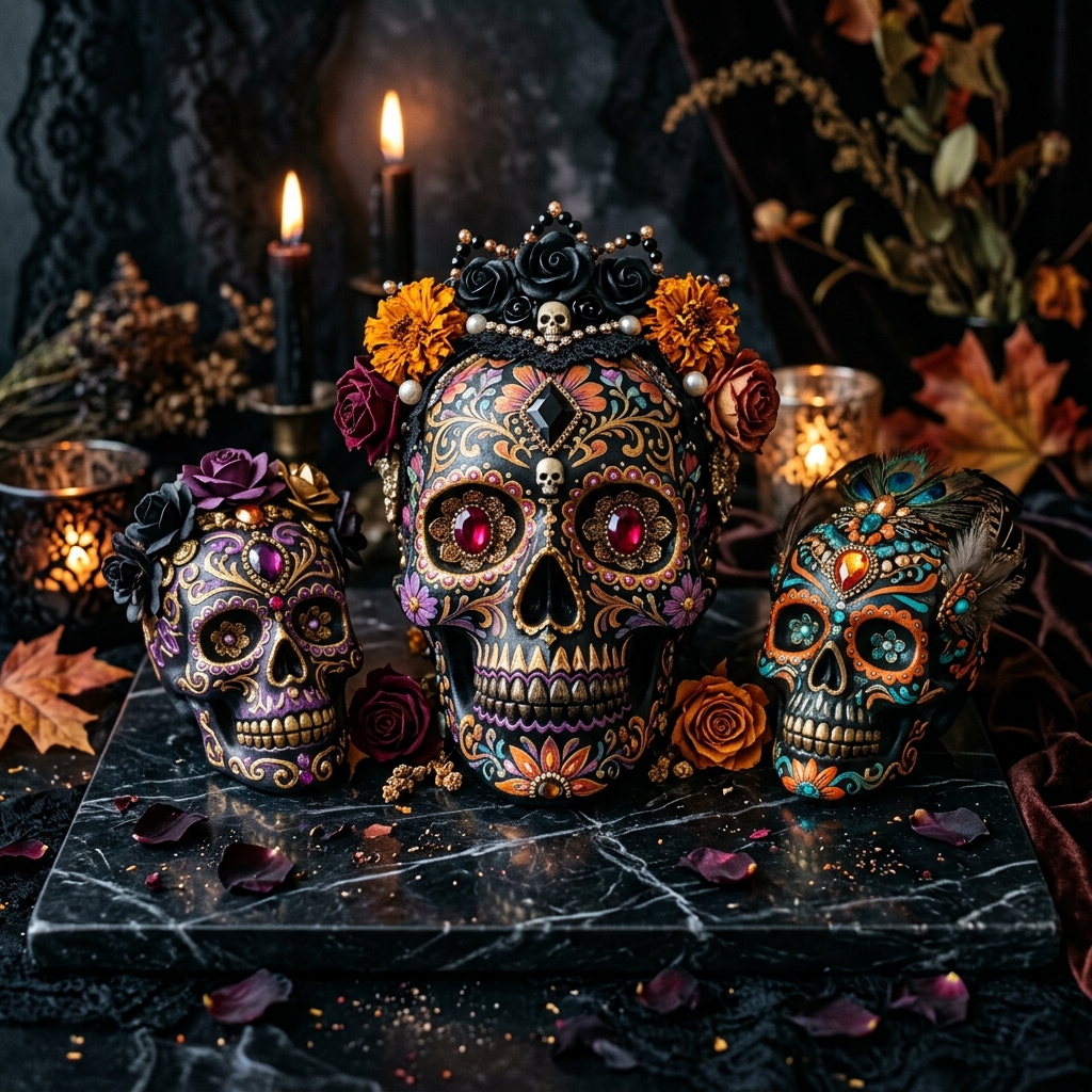 Ornate sugar skulls decorated with colorful flowers and gems on black marble