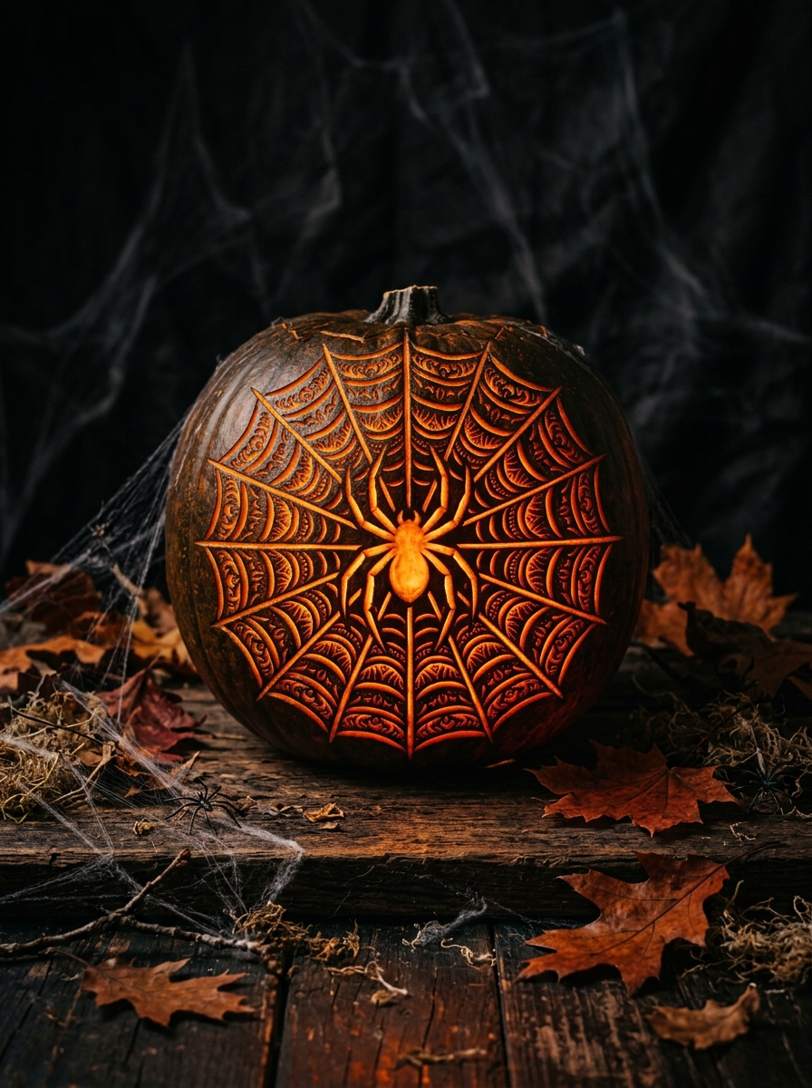 Gothic pumpkin carved with intricate spiderweb design, glowing from within