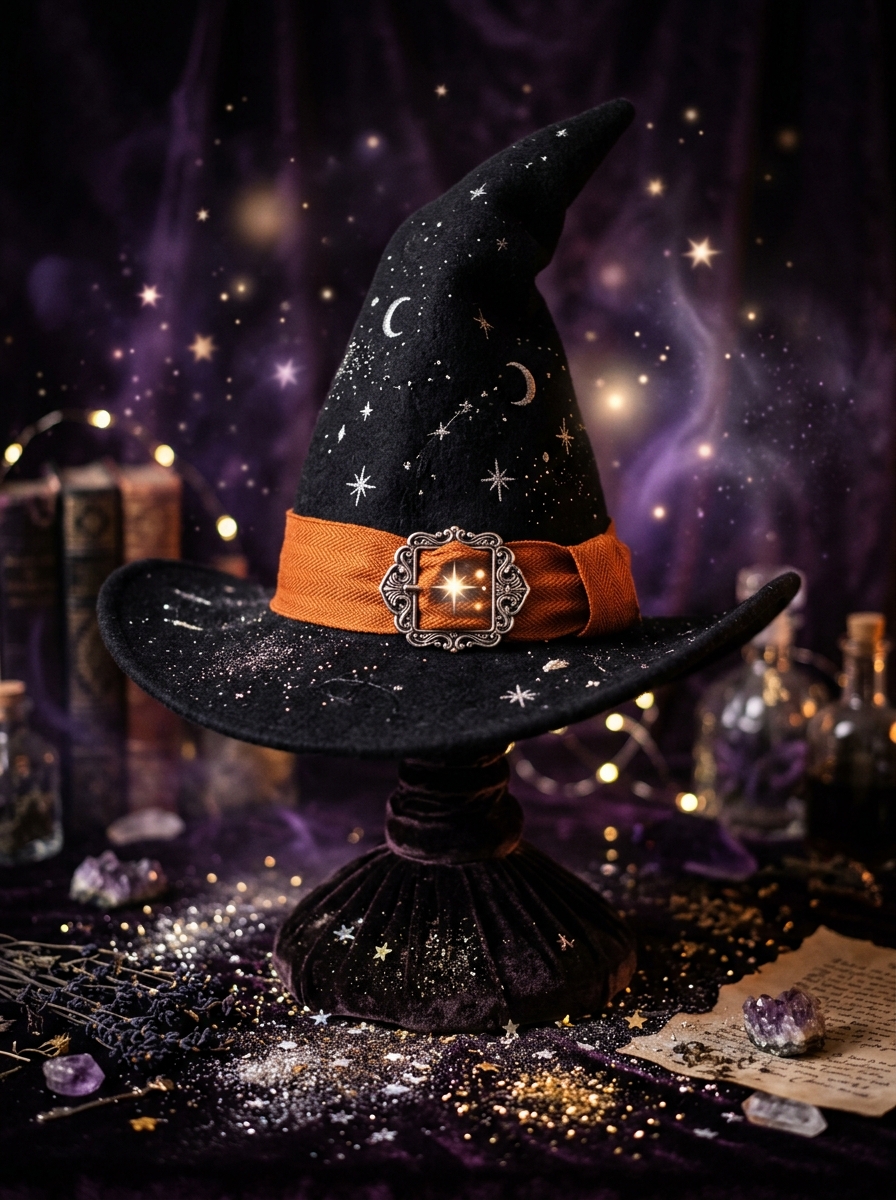 Elegant black witch's hat with silver buckle and magical decorations