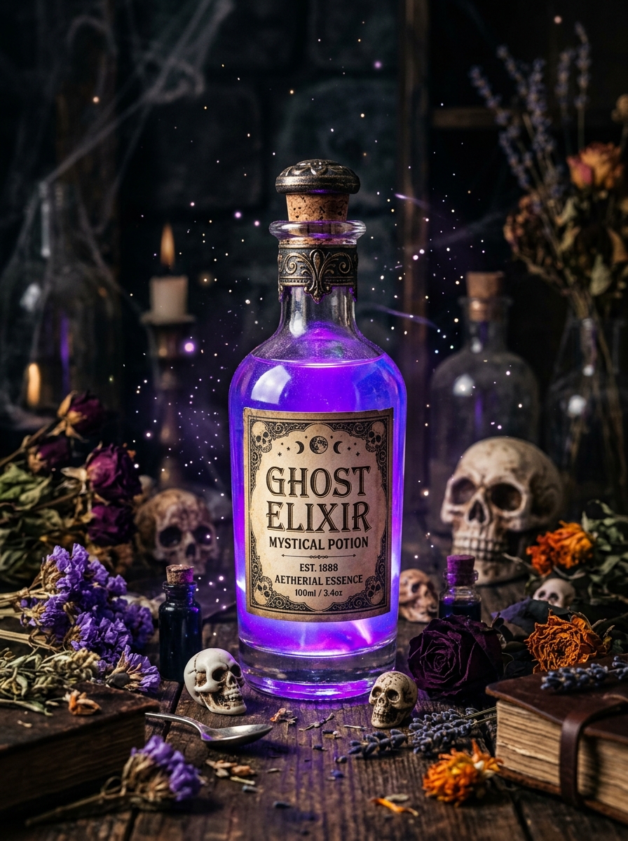 Mystical potion bottle glowing with purple liquid labeled Ghost Elixir