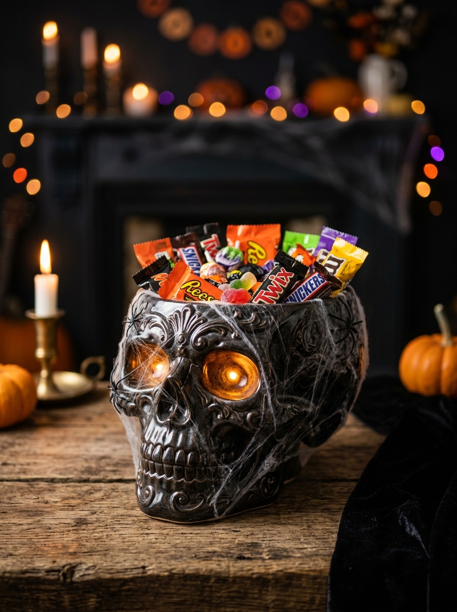 Dark ceramic skull candy bowl with glowing eyes filled with Halloween treats